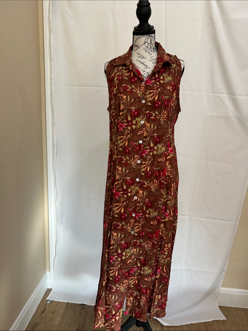 Brown Floral Sleeveless Button-Front Maxi Dress/Sun Dress